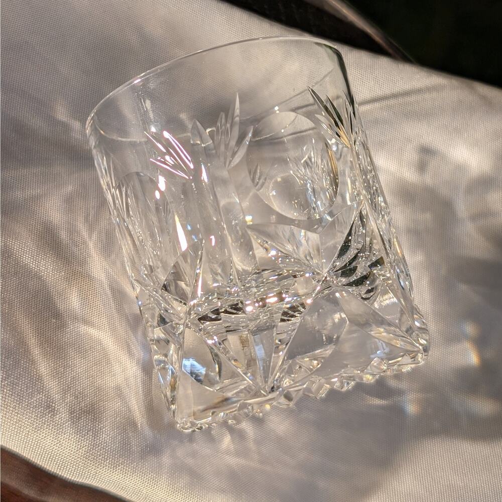 High End Old Fashioned Whiskey Lowball Glass, Clear Heavy Cut Starburst Crystal